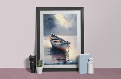 Drift Away - A Calm and Collected Watercolor of a Serene Boat - Satin Posters