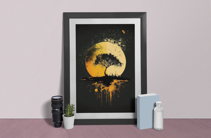 Midnight Garden - Black and Yellow Moonlit Tree - Satin Posters